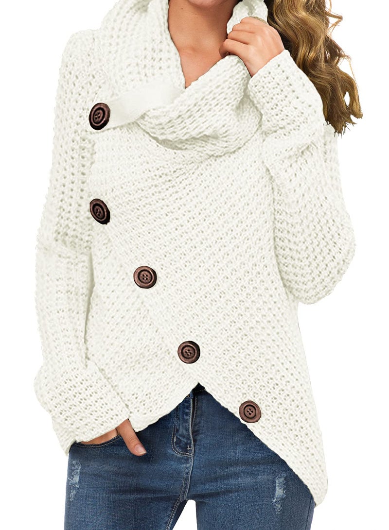 GRECERELLE Women's Fall Chunky Turtleneck Long Sleeve Asymmetric Hem Loose Knit Pullover Sweaters Tops, White, M - Image 1